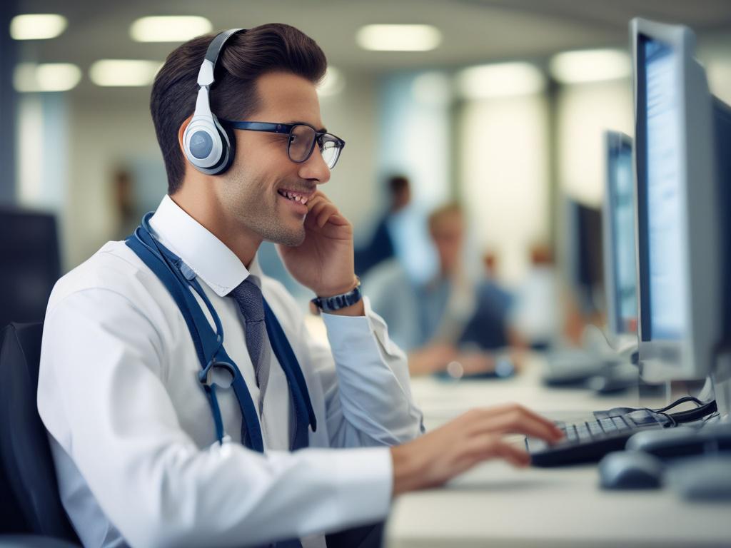 A healthcare specialist on the phone in a modern call
