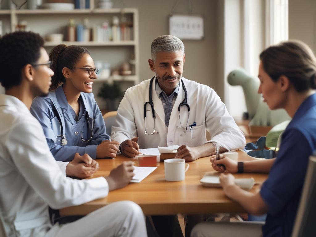 A healthcare specialist engaging with a diverse group of patients