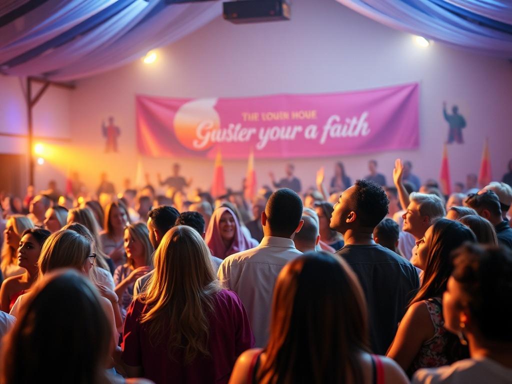 A vibrant revival event in progress, with a diverse group
