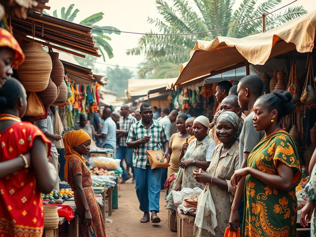 A vibrant image of a local African market bustling with