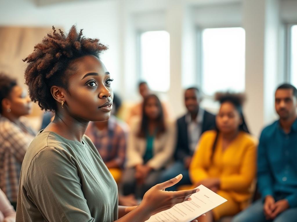 A focused image of a young African woman confidently presenting