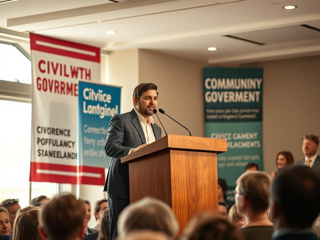 An individual standing confidently at a podium, passionately speaking to