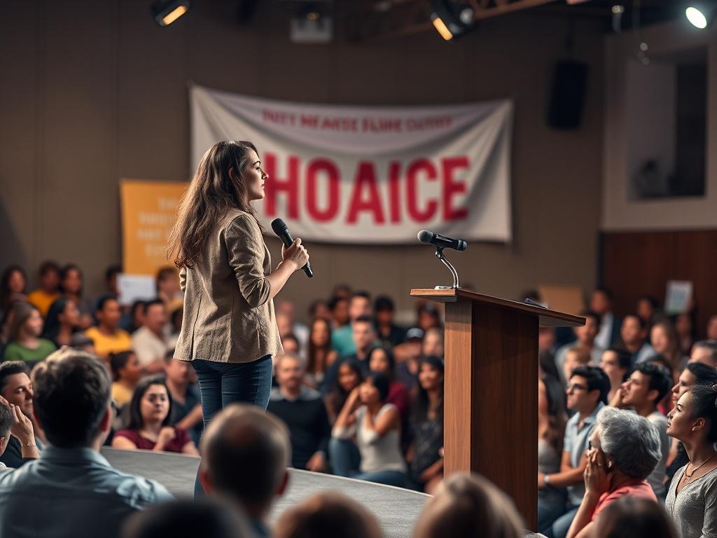 A young woman standing confidently on a stage, addressing an