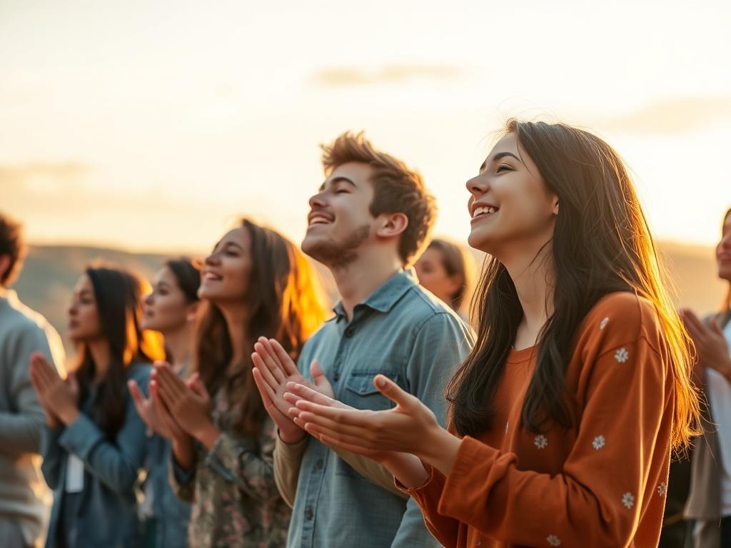 A serene group of diverse young adults engaged in prayer