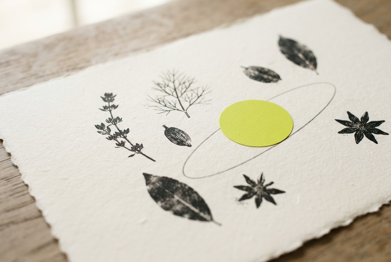Botanical forms and lime orbital linework on warm paper for a fictional wholesale food portal