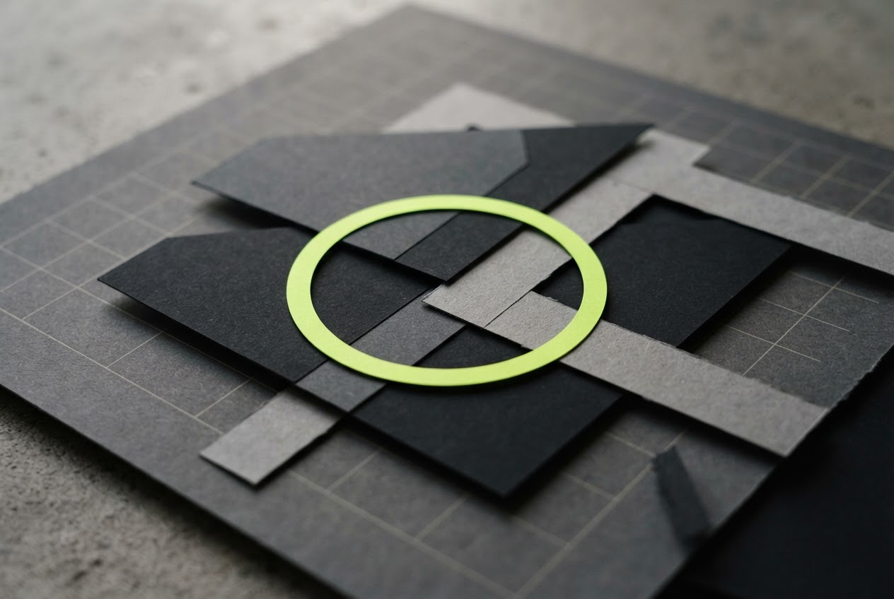 Layered concrete-gray and black paper with a bright lime ring for a fictional case management system
