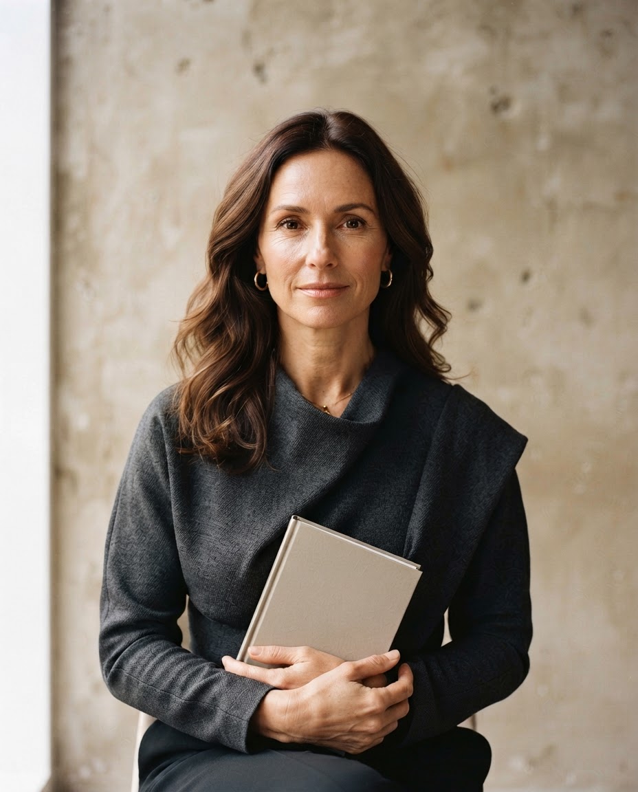 Elena Ward, founder and product strategist, in a softly lit charcoal portrait