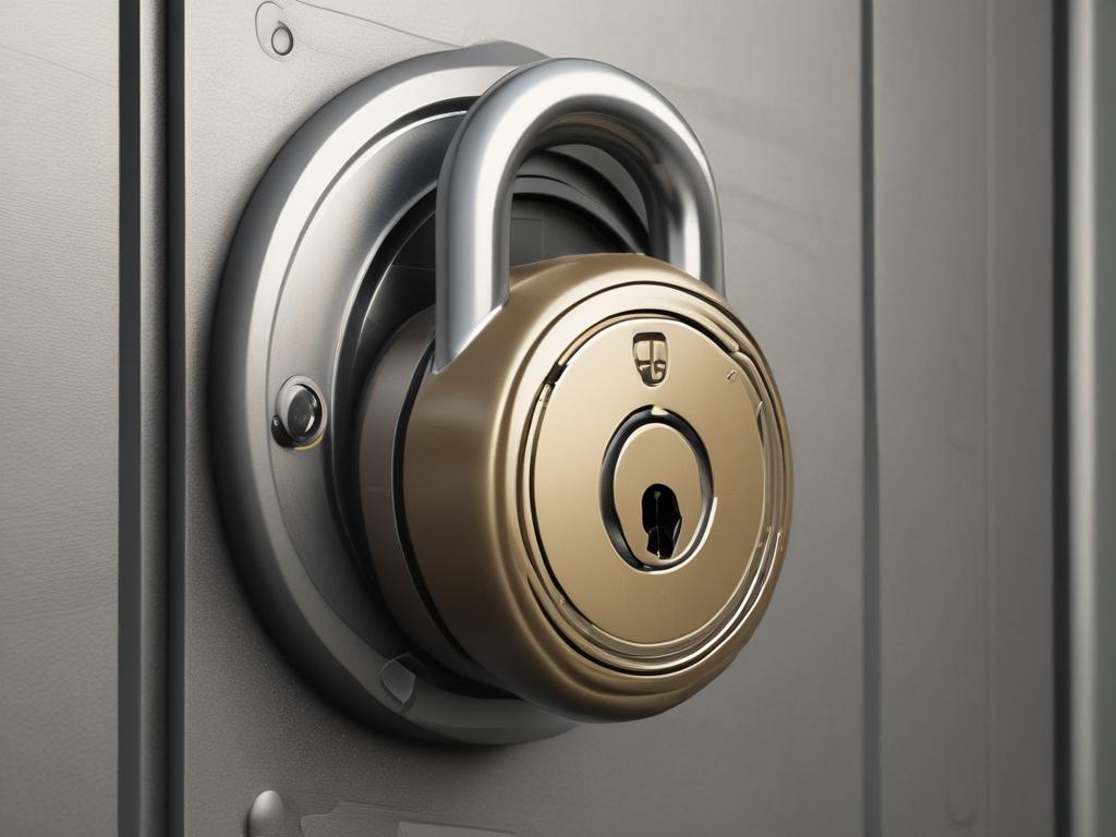 A close-up shot of a secure lock on a digital background, rendered in hyper-realistic style. The focus is on the lock, showcasing its metallic texture and intricate details. The background should be blurred, hinting at technology and data protection, with a color palette that includes rgb(50, 170, 39) to create a sense of safety and trust.