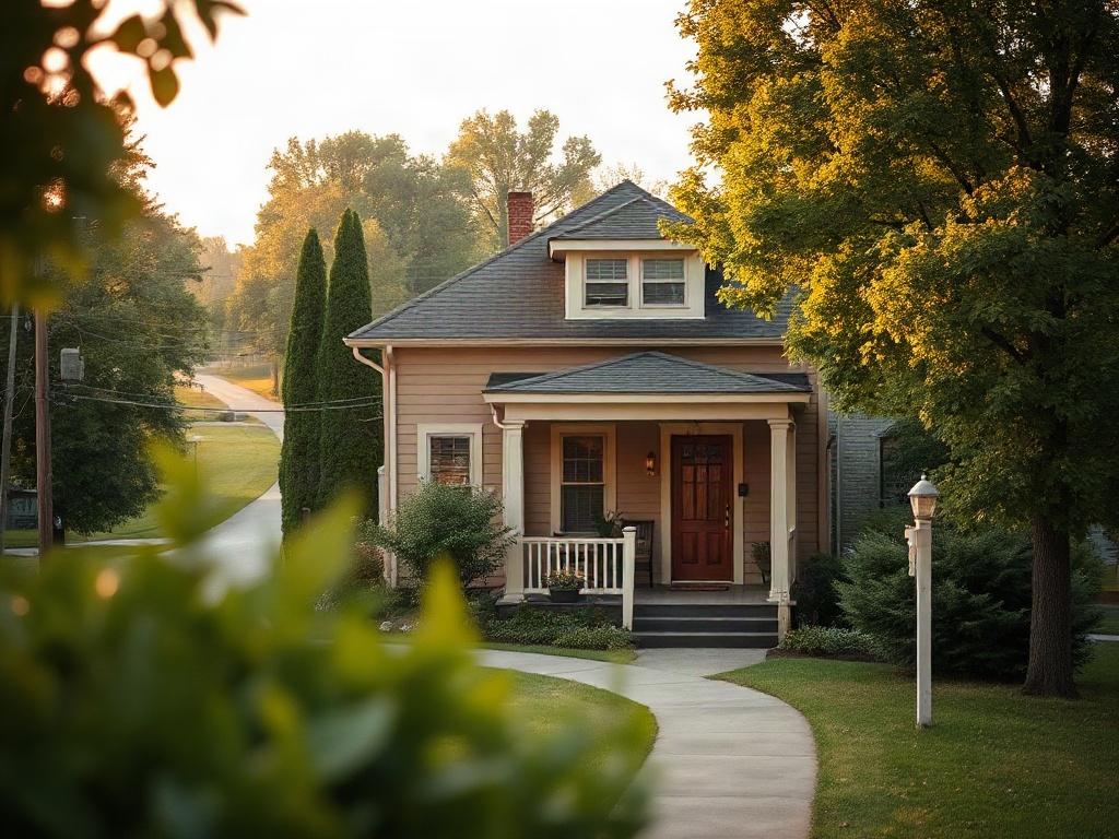 **AI Image Generation Prompt:**

Create a realistic high-resolution photo focused on a picturesque single-family home situated in the charming neighborhood of Jeffersontown, KY. The composition should be simple and clear with the house occupying the central part of the image, showcasing its architectural features—such as a welcoming front porch, well-maintained garden, and warm exterior color. The home should be framed by lush greenery, highlighting the residential ambiance of the area. In the background, i