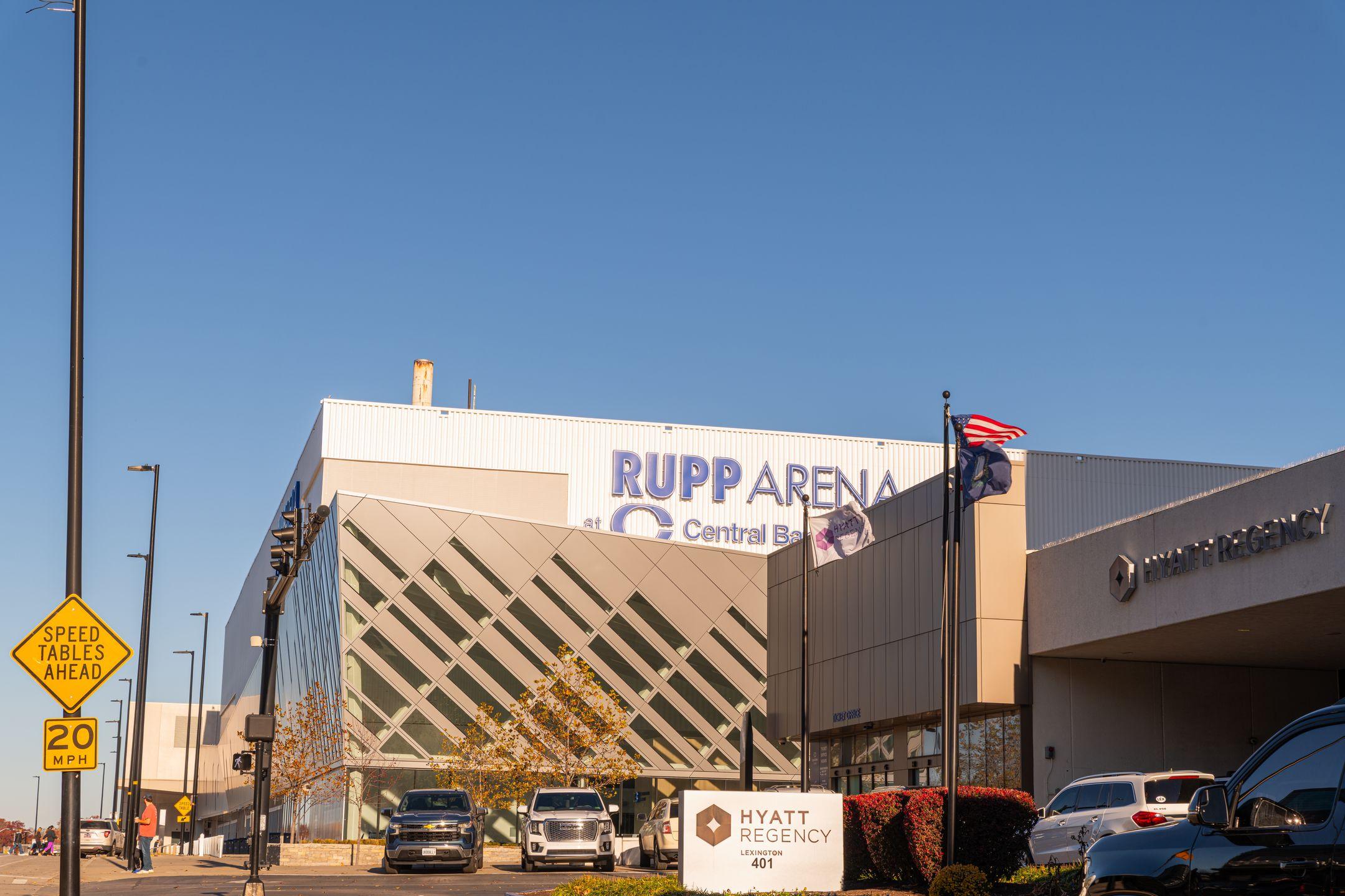 Daytime view of Rupp Arena and Hyatt Regency signage in Lexington, Kentucky.