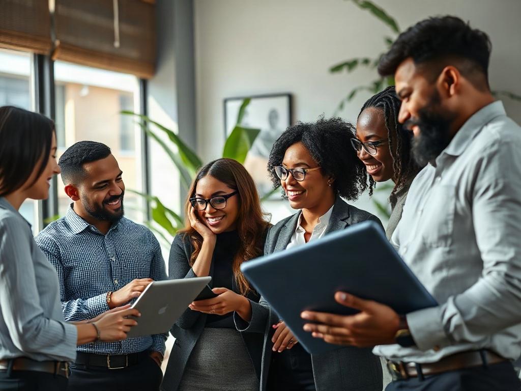 A close-up shot of a diverse group of real estate agents collaborating in a modern office space. They are engaged in discussions, using laptops and tablets, with bright, natural light streaming through large windows. The background features a clean, contemporary design with plants and artwork that reflect a professional yet welcoming environment.