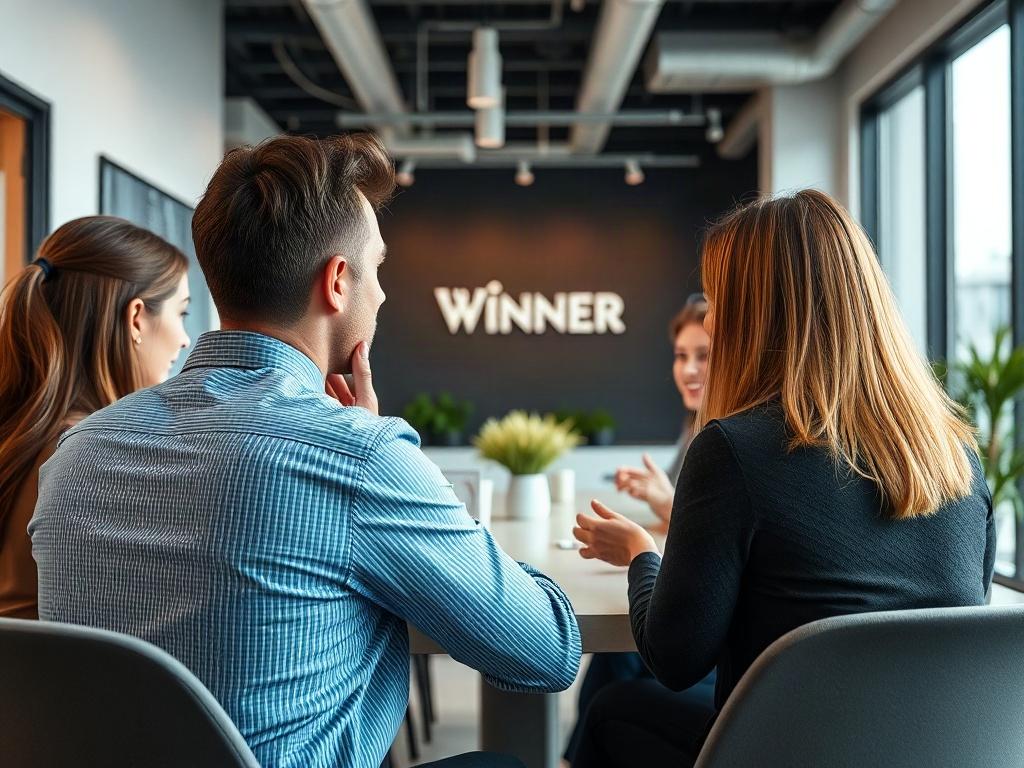 A welcoming office space at Winner Realty, showcasing a modern and inviting atmosphere, with agents engaging in a meeting. The background should reflect a sense of community and teamwork, with a bright and airy feel.