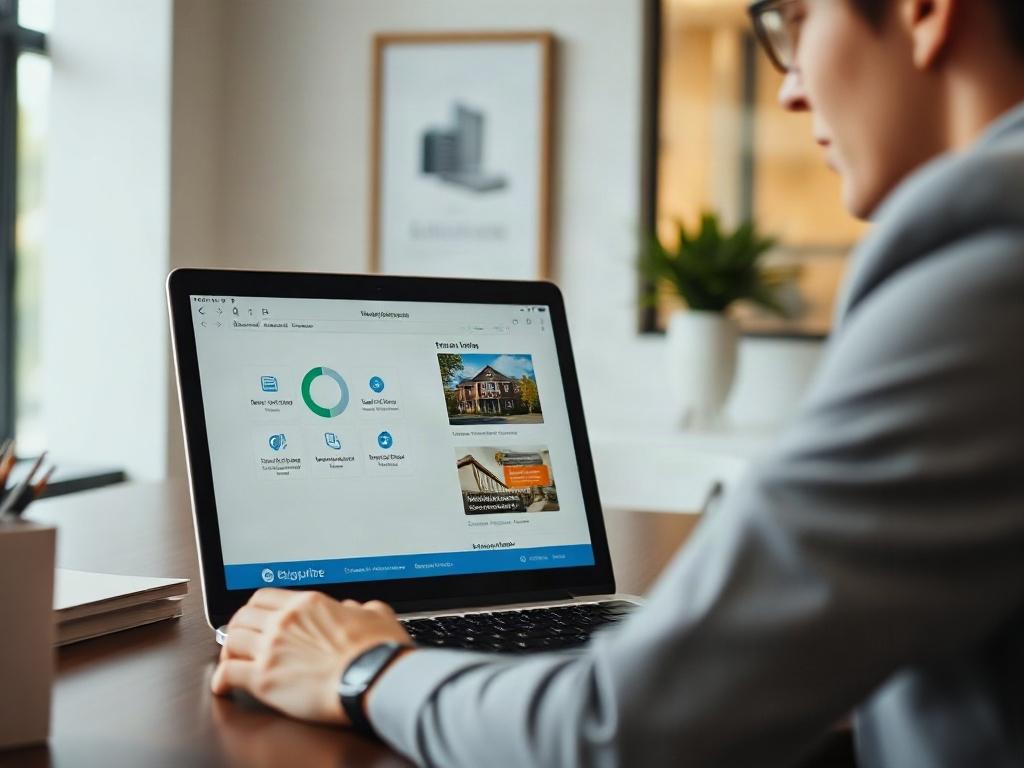 A close-up shot of a real estate agent using the Elevate Connections CRM on a laptop, with a focus on the screen displaying user-friendly features. The background should be a professional office environment.