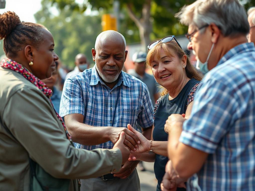 An agent participating in a community service event, interacting with local residents and giving back. The image should convey a sense of connection and community involvement.