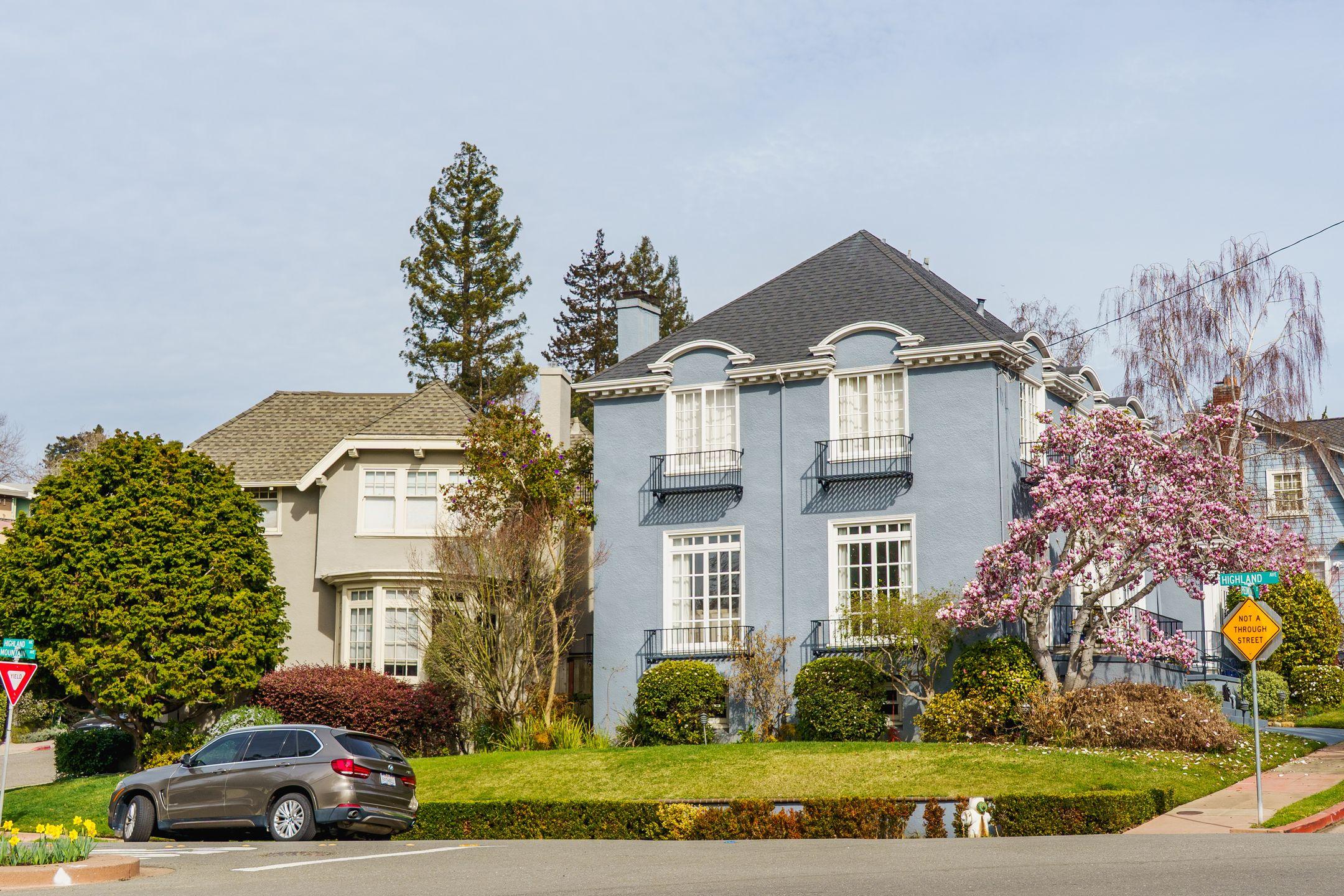 Picturesque suburban neighborhood with elegant homes, blooming trees, and a parked car on a sunny day.