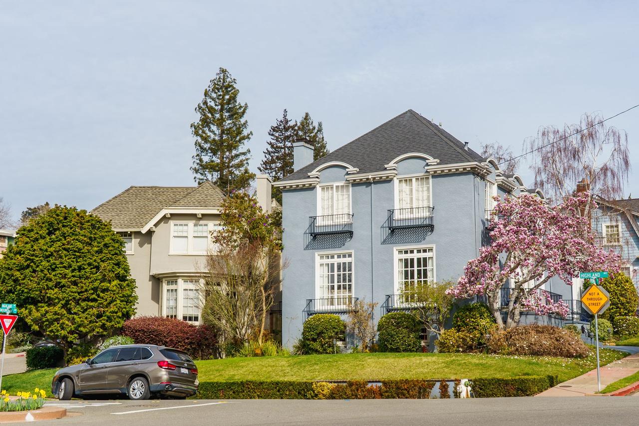 Picturesque suburban neighborhood with elegant homes, blooming trees, and a parked car on a sunny day.