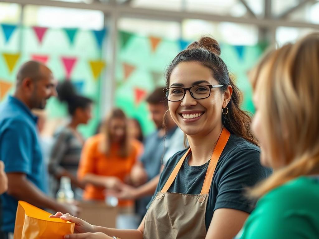 Create a close-up hyper-realistic image of a real estate agent volunteering at a local charity event, actively engaging with community members. The background should feature a vibrant community setting, showcasing teamwork and collaboration. Use bright, uplifting colors to convey a sense of positivity and community spirit.