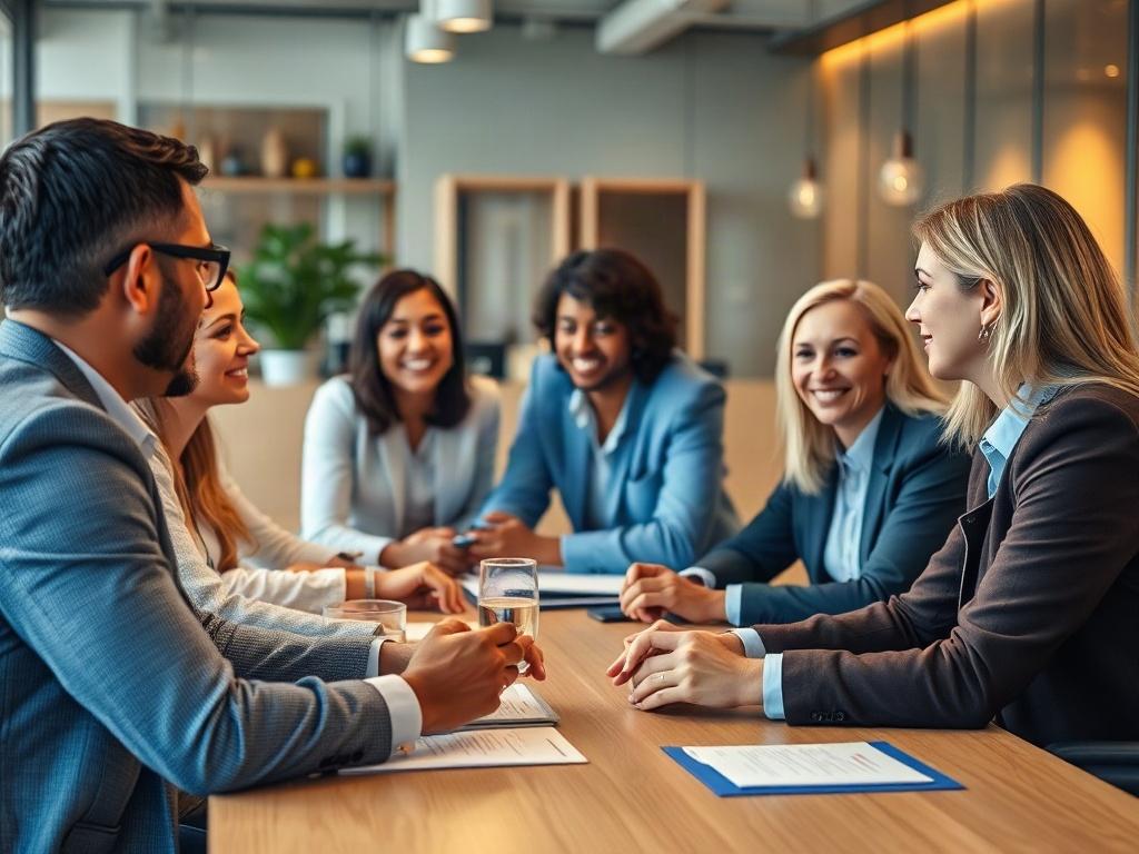 Generate a hyper-realistic close-up image of a diverse group of real estate agents collaborating around a conference table, discussing strategies and celebrating successes. The atmosphere should be energetic and supportive, with a modern office setting in the background. Use warm lighting to create an inviting environment.