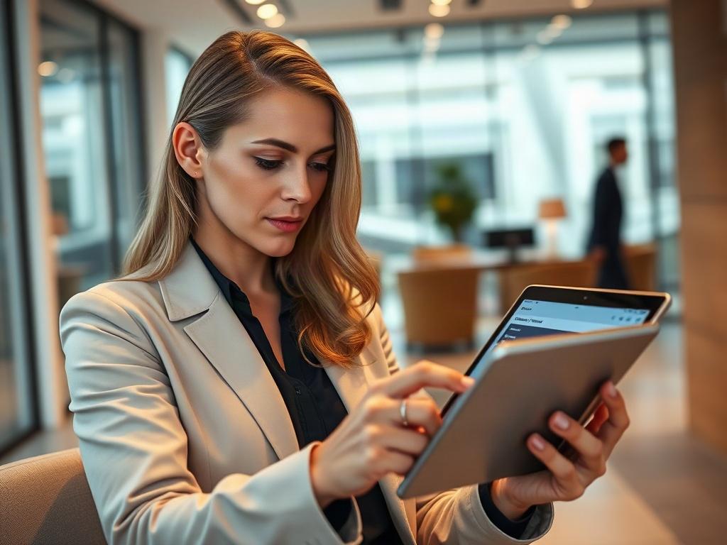 Create a hyper-realistic close-up image of a real estate agent using a tablet with a modern CRM interface displayed. The background should be a sleek office environment, showcasing a mix of technology and professionalism. Use soft lighting to highlight the agent's focused expression, and ensure the image has a warm, inviting color tone.