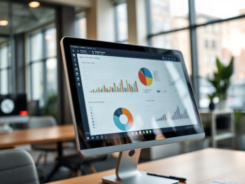 A high-resolution close-up shot of a modern, sleek computer screen displaying a user-friendly CRM interface, with graphs and charts visible. The background is softly blurred to emphasize the screen, showcasing a stylish office environment with natural light.