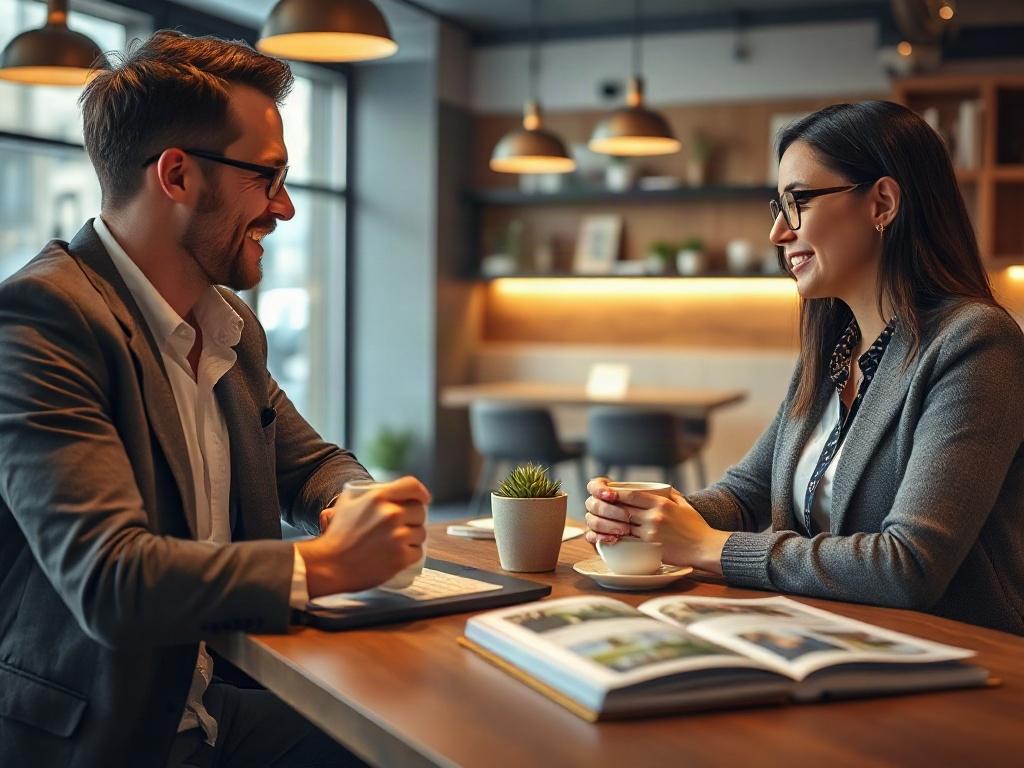 A high-resolution close-up shot of a smiling real estate agent discussing with a client over coffee in a modern cafe, with real estate brochures and a laptop open on the table. The focus is on the interaction and warm ambiance.