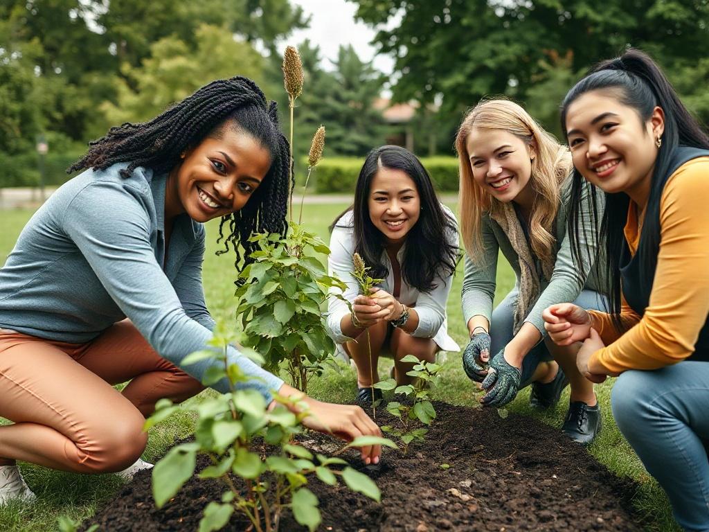 A high-resolution close-up shot of a group of diverse real estate agents engaged in a community service project, planting trees in a park. The focus is on their smiles and teamwork, with vibrant greenery in the background.
