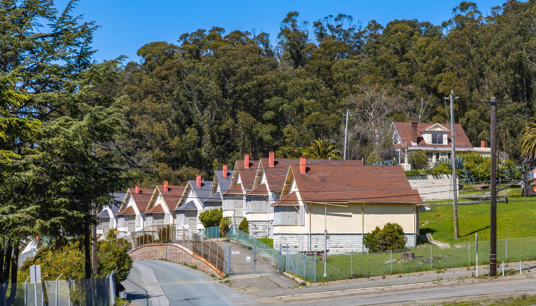 Row of vintage houses beside a serene forest backdrop on a sunny day.