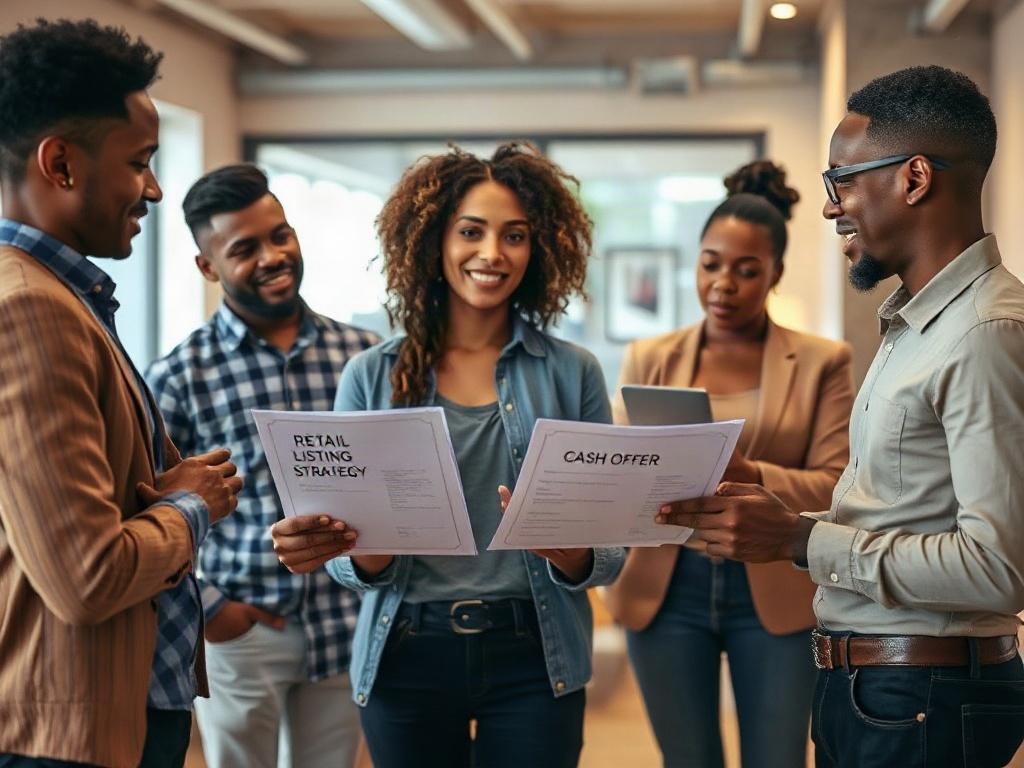 A realistic high-resolution close-up shot of a diverse group of people discussing options for selling a house. The setting is a bright, inviting office space with a modern feel. The focus is on a woman presenting two documents to the group, one labeled 'Retail Listing Strategy' and another labeled 'Cash Offer.' The background is softly blurred to emphasize the interaction, with warm lighting and colors that align with an earthy tone.