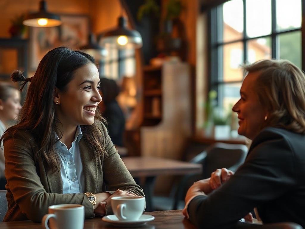 A hyper-realistic close-up shot of a smiling real estate agent discussing diverse opportunities with a client at a cozy coffee shop. The background should include a warm ambiance with soft lighting, showcasing a welcoming space. The focus should be on the agent and client engaging in a positive conversation, with elements of the #FF6E4E color scheme subtly incorporated in the decor.