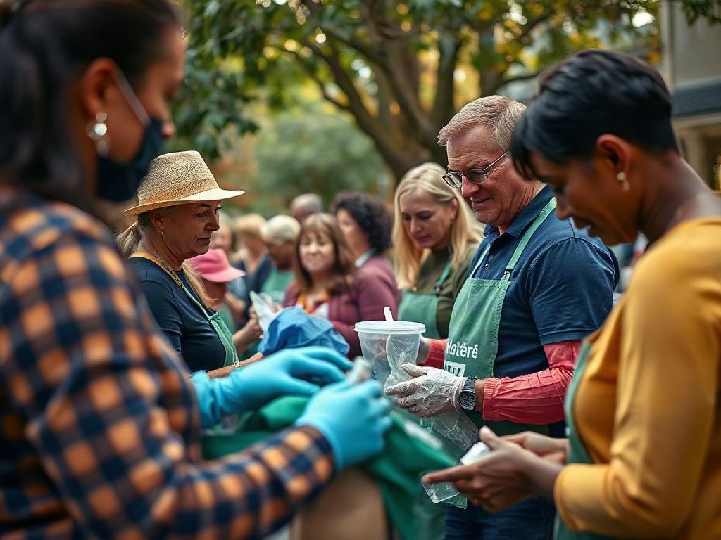 A close-up shot of a community volunteer event with Winner Realty agents actively participating in a local charity project. The scene should depict agents collaborating with community members in a positive atmosphere, showcasing teamwork and dedication. Use a hyper-realistic style, ensuring the primary color #FF6E4E is represented in the event materials or clothing.