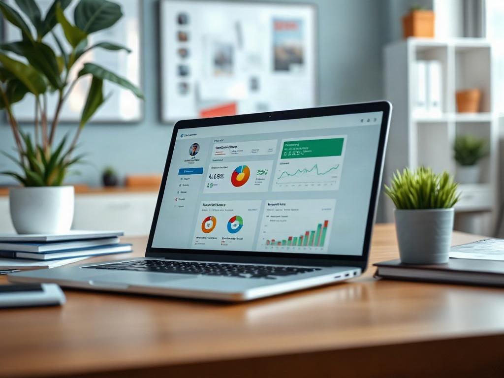 A close-up shot of a modern real estate agent's workspace featuring a sleek laptop displaying the Elevate Connections CRM dashboard, with a bright and organized office background. The focus should be on the laptop screen, showcasing user-friendly technology in a vibrant, professional setting. Use a hyper-realistic style and ensure the primary color #FF6E4E is subtly incorporated into the workspace decor.