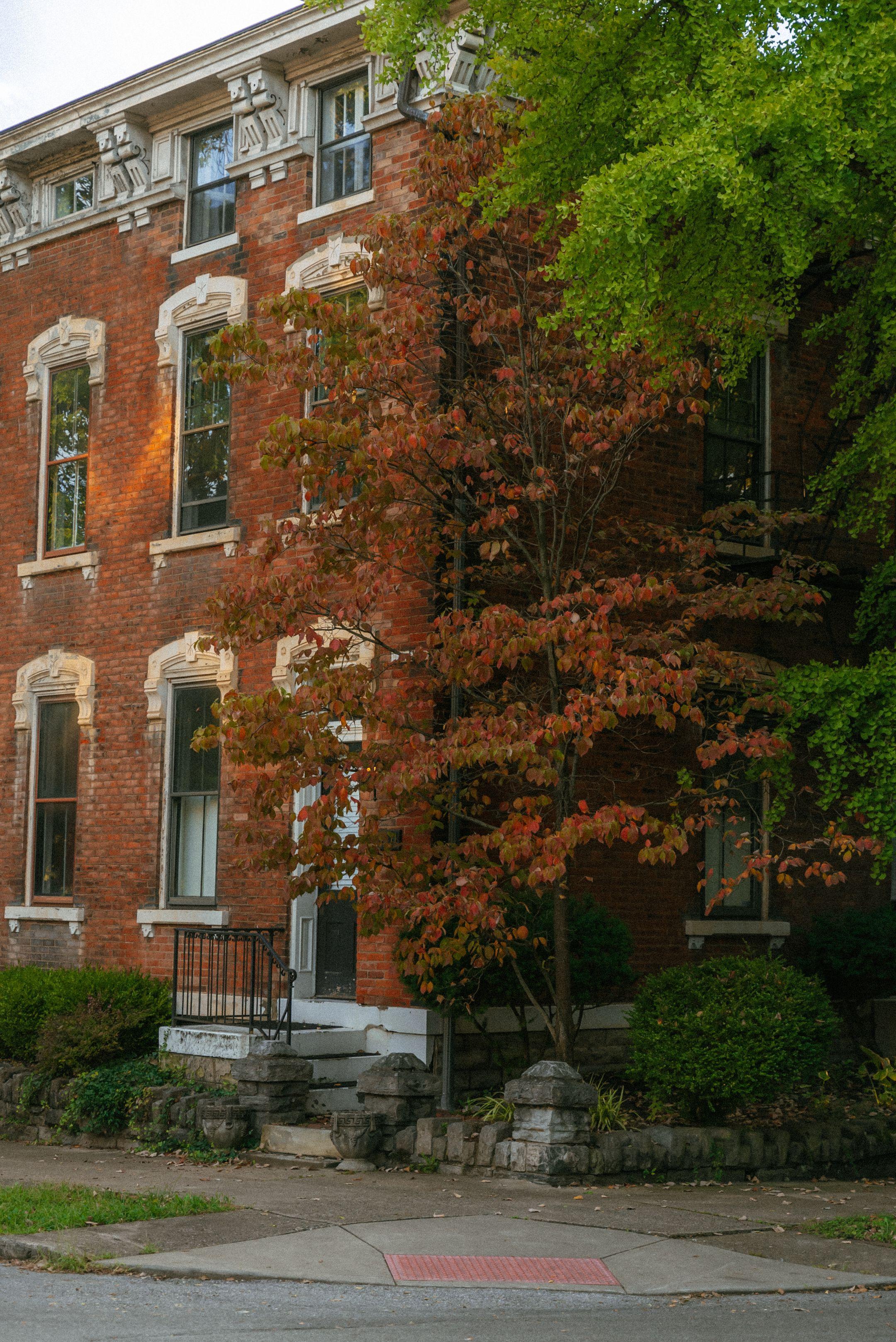 Charming historical brick building with autumn foliage in Covington, KY.