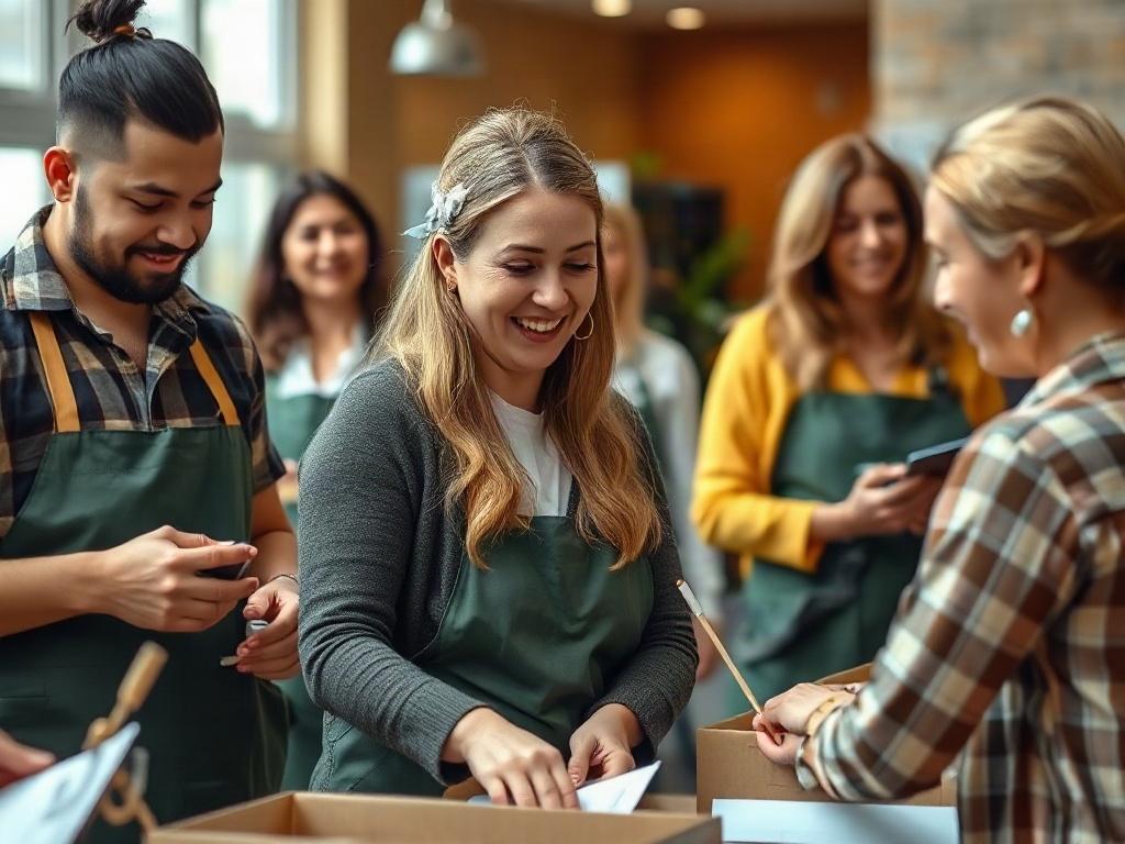 A close-up shot of real estate agents participating in a community service event, helping local families. The scene is vibrant and engaging, capturing the spirit of teamwork and community involvement, with smiles and hands-on activities that highlight the impact of their philanthropic efforts.