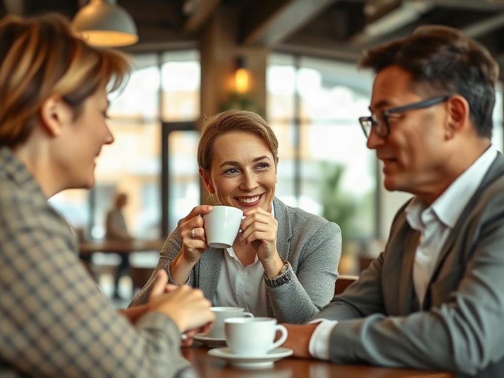 A close-up shot of a real estate agent discussing financial opportunities with a client over coffee. The setting is a modern café with a warm ambiance, showcasing a successful partnership. The agent appears enthusiastic and engaged, illustrating the diverse income options available.