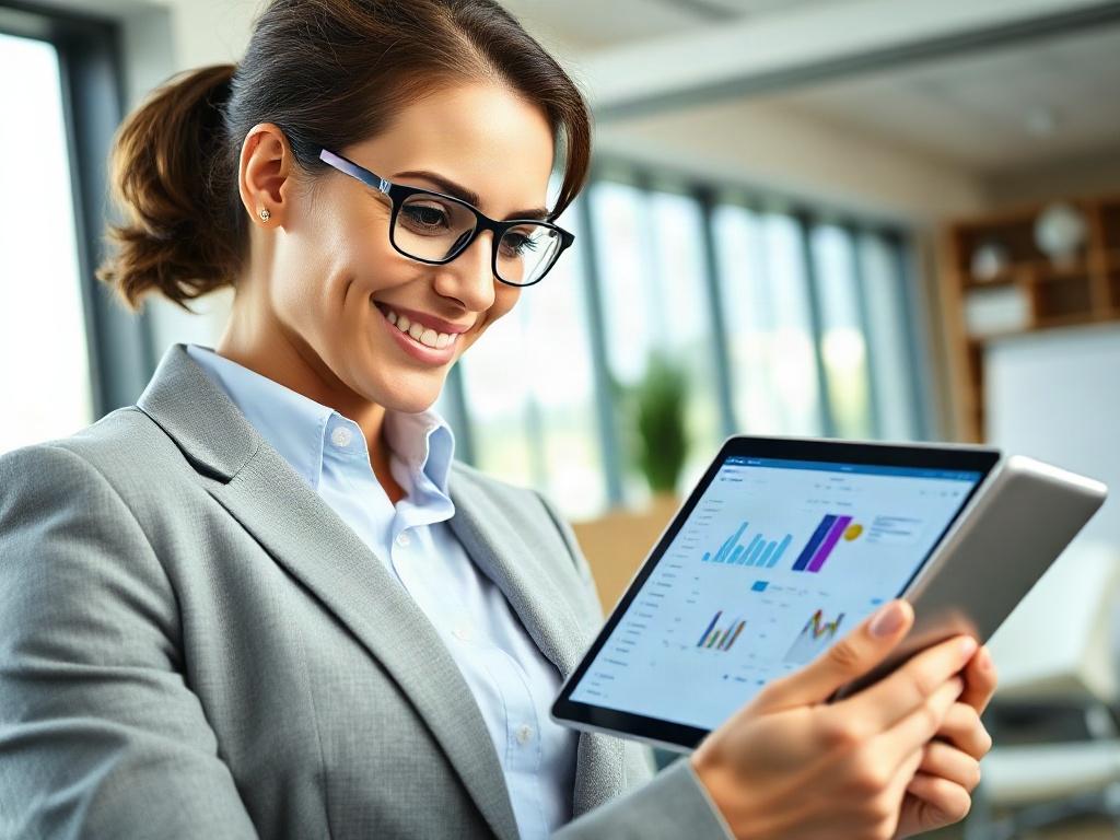 A close-up shot of a confident real estate agent using a modern CRM on a tablet. The agent is engaged and focused, with a sleek office background that showcases a blend of technology and professionalism. The lighting is bright and inviting, highlighting the agent's enthusiasm and the user-friendly interface of the CRM.