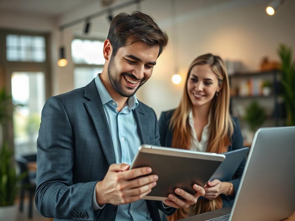 A close-up shot of a real estate agent engaging with clients, showcasing modern technology tools like a tablet and laptop in a well-lit, inviting office environment. The agent should appear professional and approachable, with a focus on communication and collaboration. The background should subtly highlight elements of a supportive workspace, conveying a sense of innovation and community involvement. Shot with a 45mm f/1.2 lens for a hyper-realistic effect.