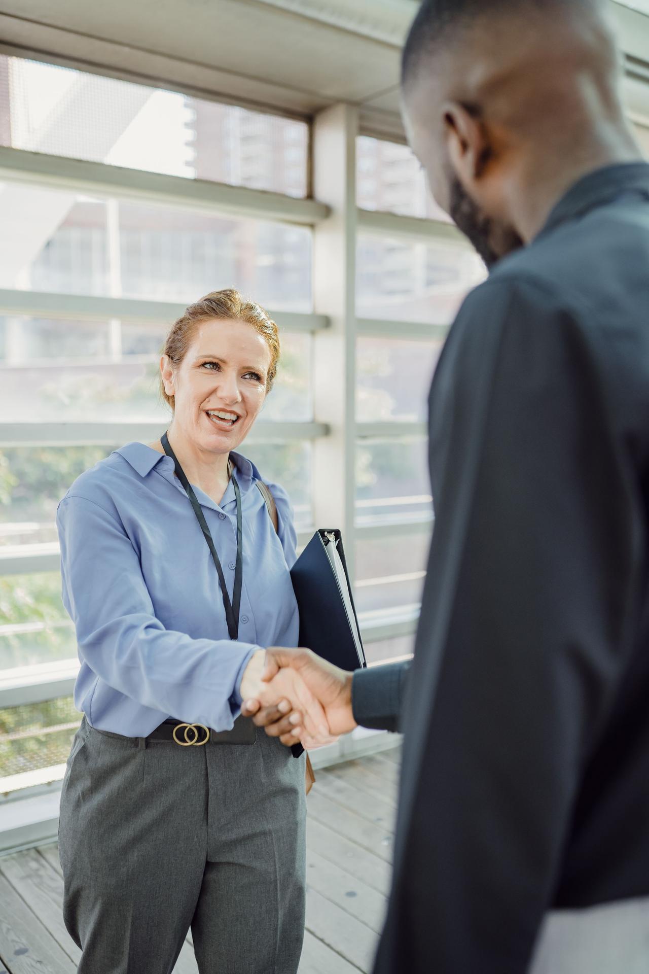 Business professionals engaging in a handshake in a modern, sunlit office environment.