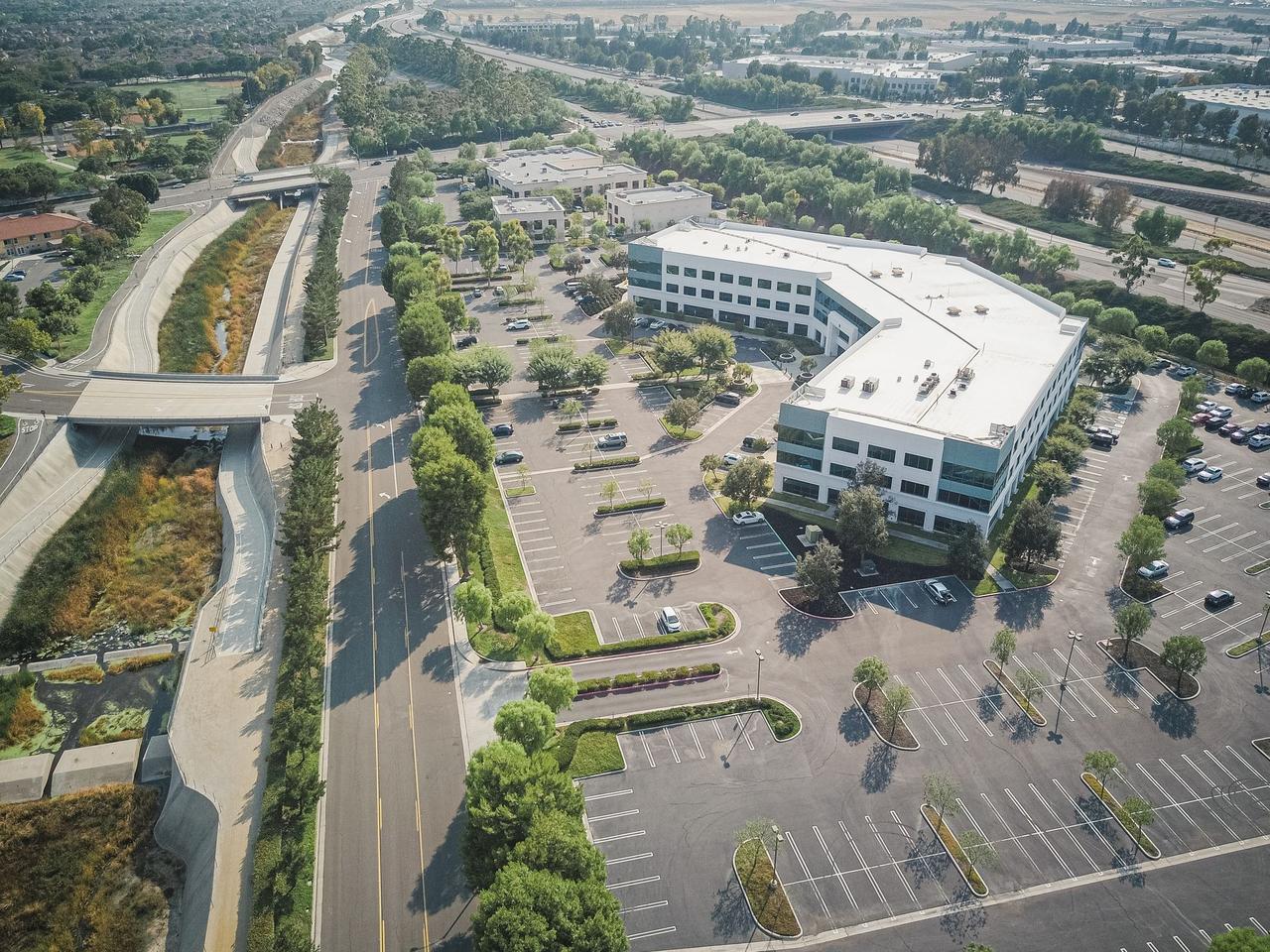 Aerial view of a suburban office park