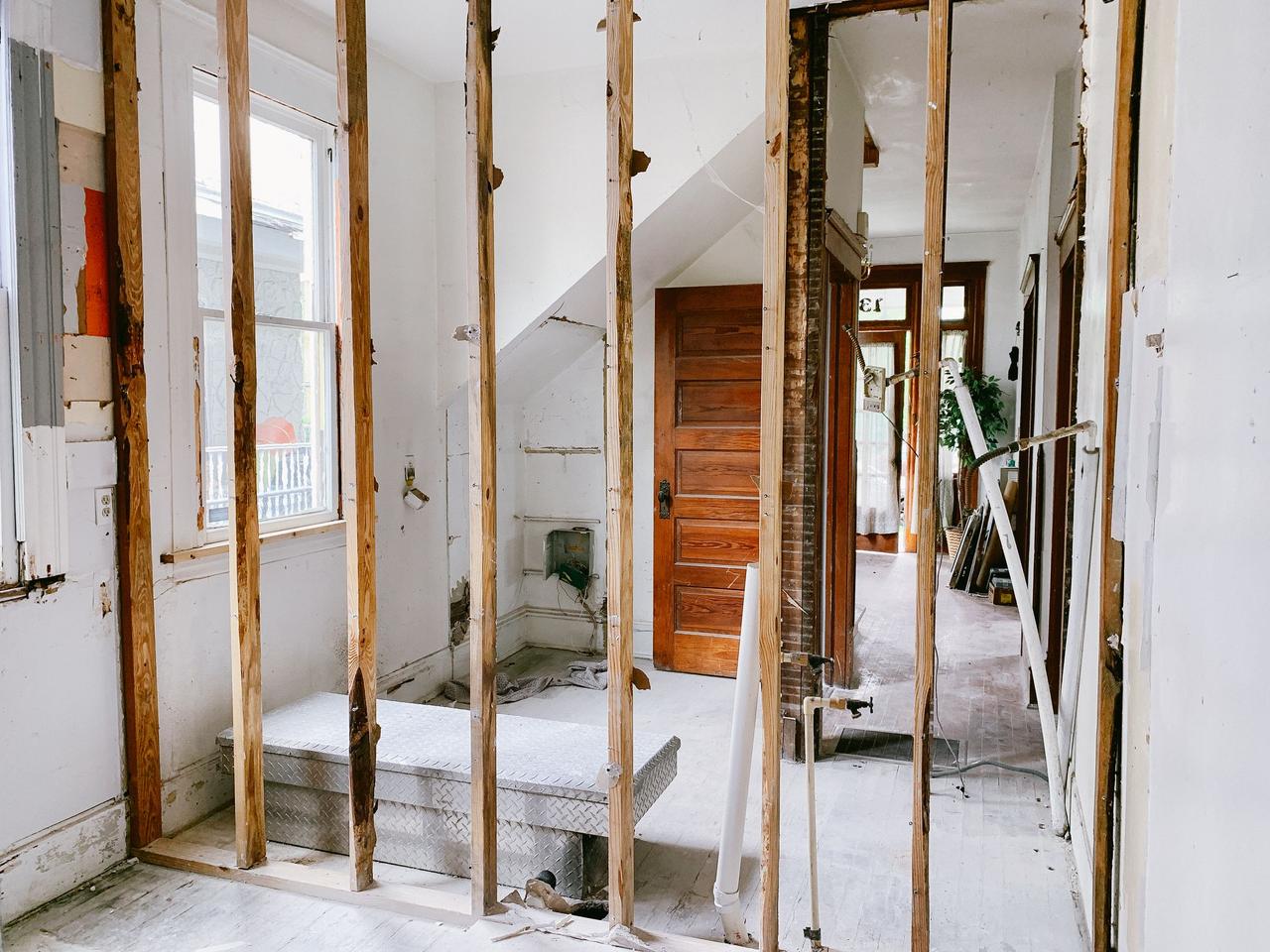 Home renovation with exposed wall studs