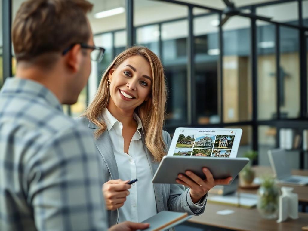 A close-up shot of a confident real estate agent engaging with a client in a modern office space. The agent is showcasing a digital tablet displaying property listings, with a warm smile. The background features sleek office furniture and large windows allowing natural light to flow in, creating an inviting atmosphere. The color scheme includes soft greens and neutral tones to convey professionalism and trust.