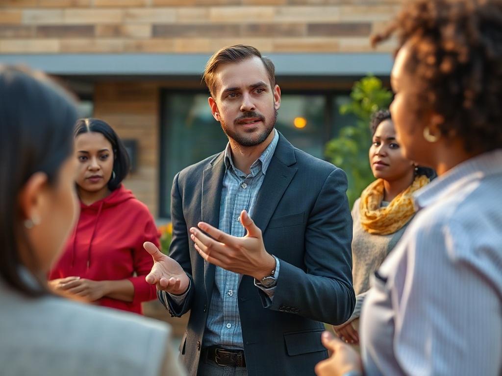 A dynamic image of a real estate agent presenting a community project to a group of engaged individuals. The focus is on the agent's confident expression and interactive presentation style. The background captures a lively community setting, enhanced with the vibrant #FF6E4E color scheme.