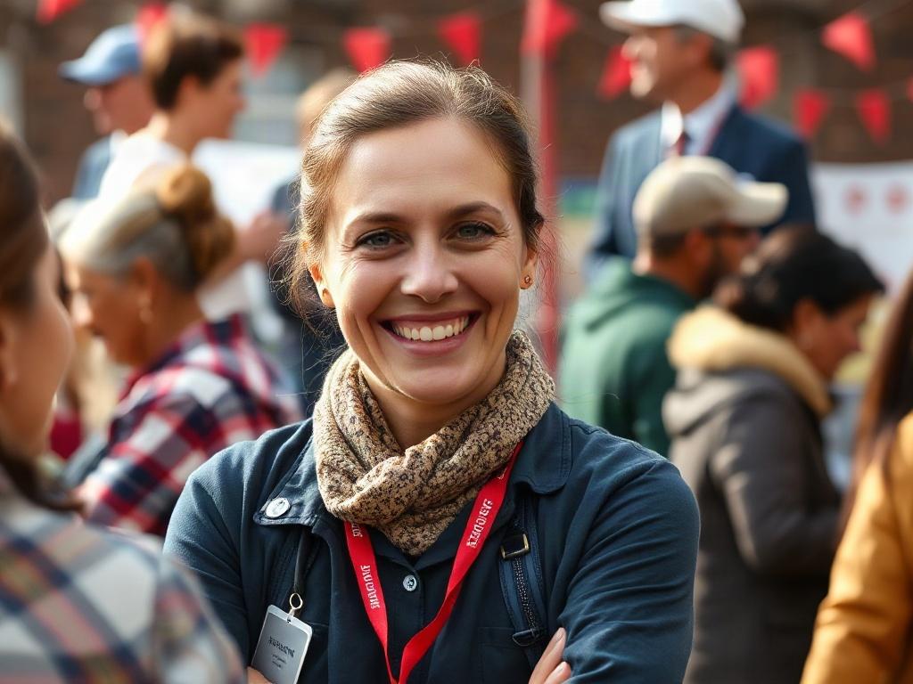A heartwarming scene of a real estate agent volunteering at a local charity event, engaging with community members. The agent's genuine smile reflects their commitment to service. The background features vibrant community interactions, harmonizing with the warm #FF6E4E color.