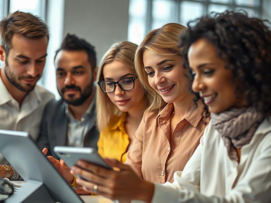 A close-up shot of a diverse group of real estate agents collaborating over digital devices in a modern office environment. The focus is on their engaged faces, showcasing determination and teamwork. The background is softly blurred to emphasize the agents, while the primary color #FF6E4E subtly accents the décor.