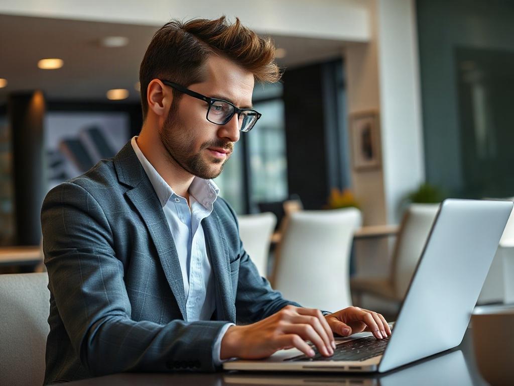 A hyper-realistic close-up shot of a confident real estate agent working on a laptop in a modern office setting. The agent is focused and engaged, showcasing the use of advanced technology. The background features sleek design elements that evoke professionalism and innovation. The color scheme incorporates the primary color #FF6E4E to create a warm and inviting atmosphere.
