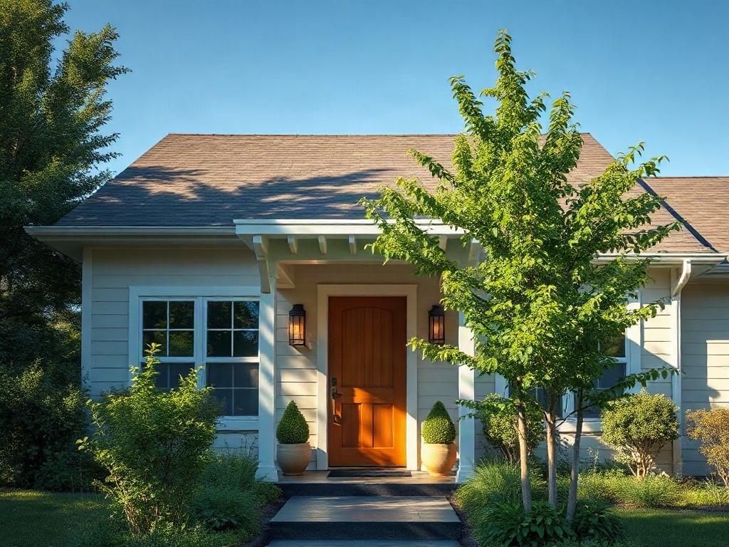 A realistic high-resolution photo of a modern home surrounded by lush greenery, emphasizing the inviting entrance with a beautiful front door. The scene should be well-lit, showcasing a clear blue sky in the background. The composition should be simple and clear, focusing solely on the home as the subject, with vibrant colors to convey a sense of warmth and welcome.