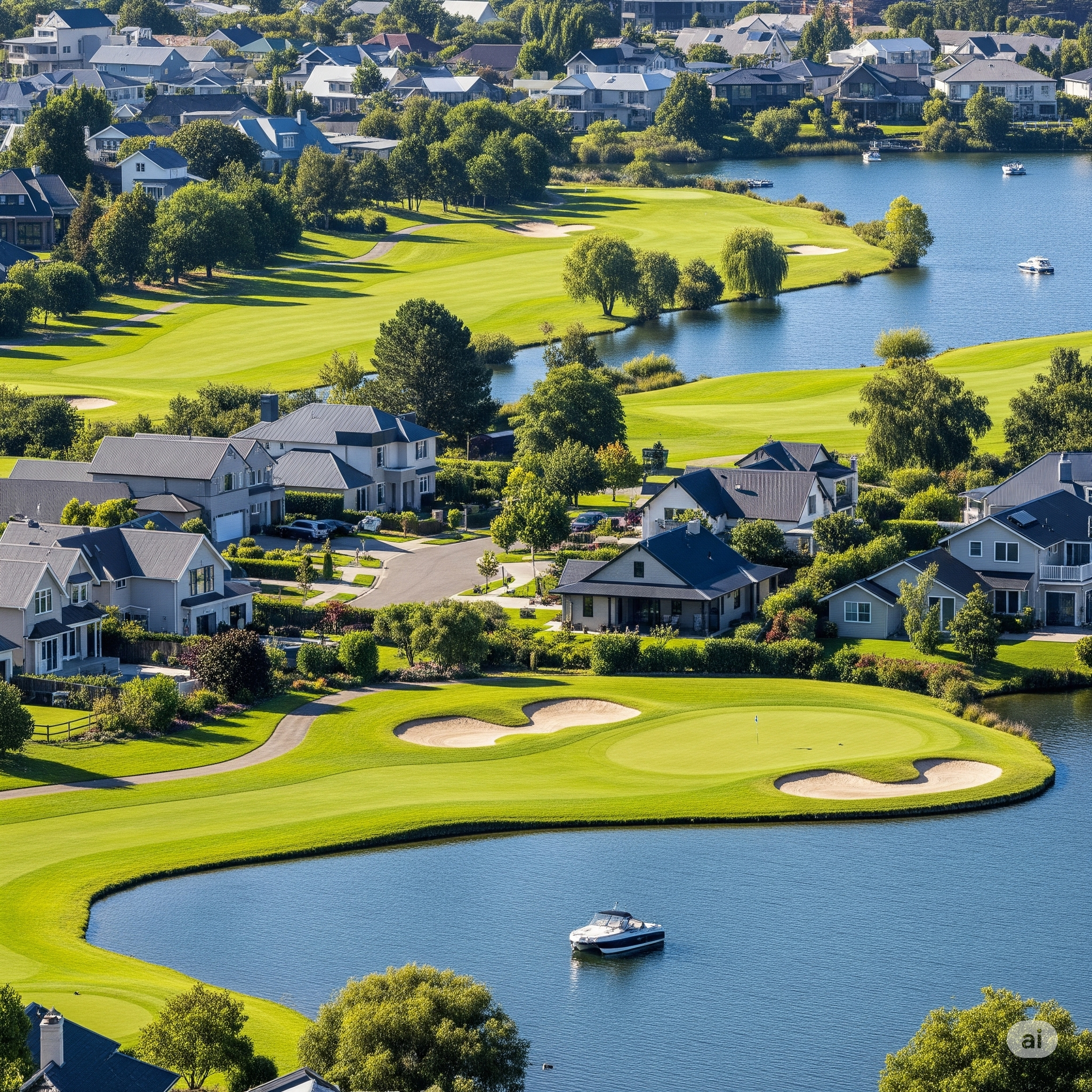 Scenic aerial view of upscale homes and a lush golf course by a lake.