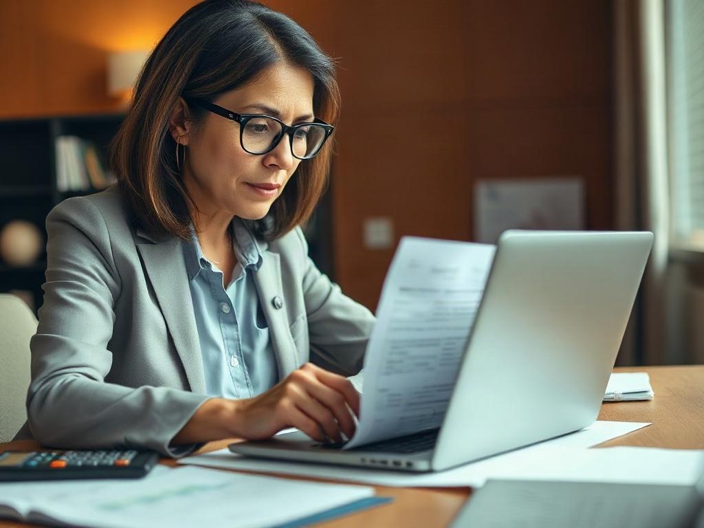 A close-up shot of a Certified Public Accountant (CPA) working at a desk with a laptop and financial documents. The CPA is a middle-aged Hispanic woman, wearing glasses and a professional outfit, focusing on her work with a notepad and calculator in front of her. The background is softly blurred, emphasizing the CPA and her workspace, with warm lighting that complements the #FF6E4E primary color theme.