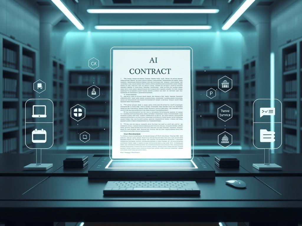 A glowing AI-generated legal document floating above a sleek digital workbench, surrounded by icons for ‘Contract’, ‘Privacy Policy’, ‘Terms of Service’, and ‘Disclaimer’. The document is built line-by-line by invisible code or robotic hands. Futuristic law library or courthouse elements subtly in the background. Modern white and slate black aesthetic with green-blue glow. No people. Clean, minimal, premium tech design.