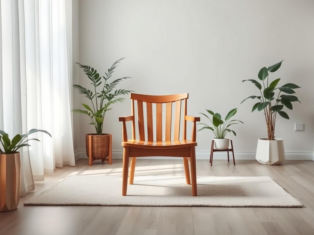 A serene therapist's office with soft tones and gentle lighting. A single wooden chair is positioned in the center of the room, emphasizing a peaceful atmosphere. In the background, there are calming plants and a soft rug, creating an inviting space for therapy. The overall composition highlights tranquility and focus on personal growth.