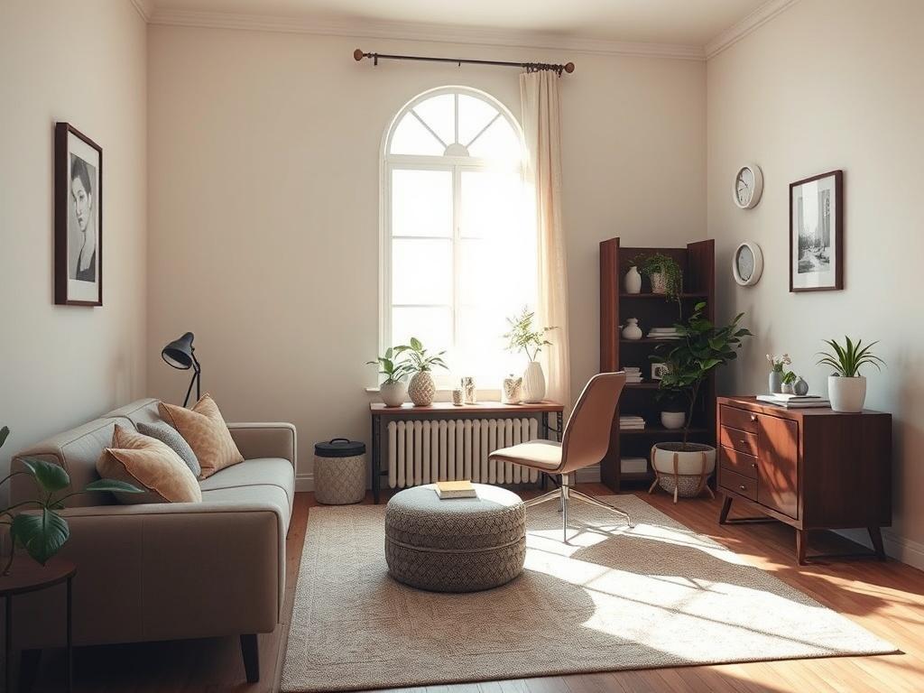A tranquil therapy room showcasing a soothing color palette with plush seating and natural light streaming through a window. A therapist's desk with calming items like plants and soft cushions, conveying a sense of tranquility and support for mental wellness.